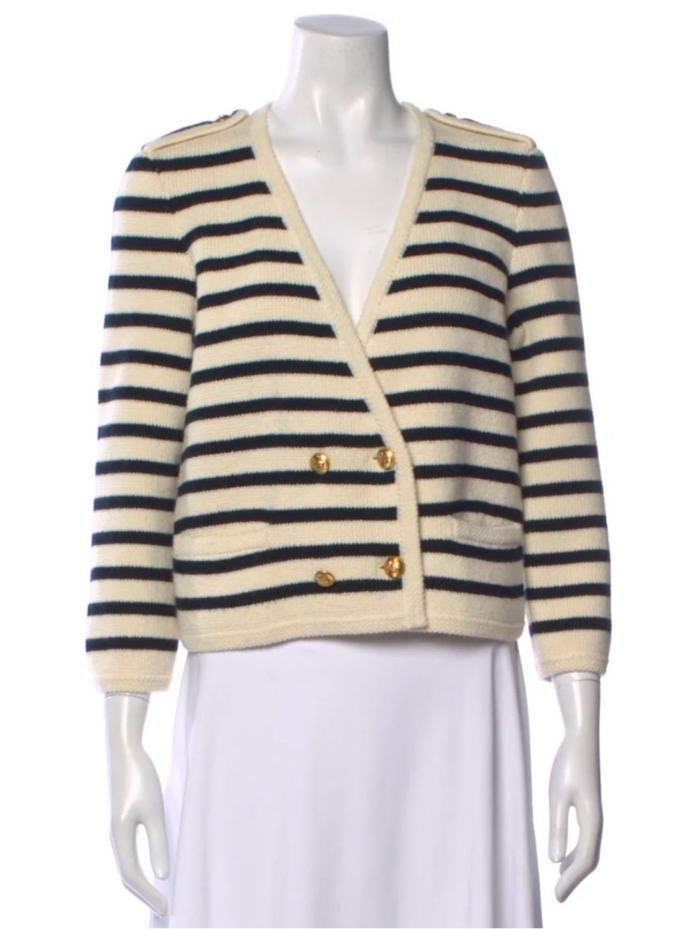 Celine Cream and Navy Striped V-Neck Double-Breasted Cardigan